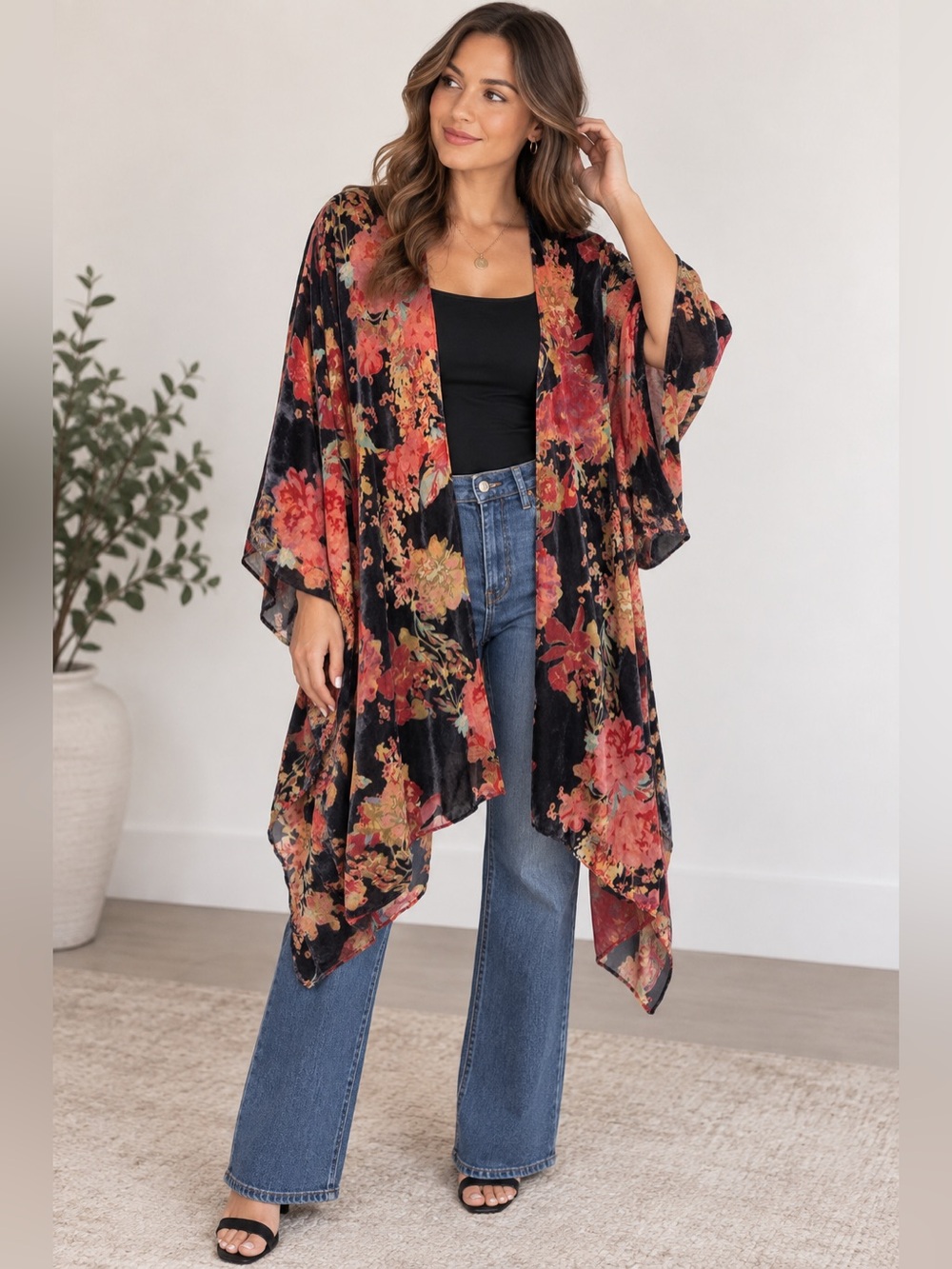 Torrid One Size Black Floral Velvet Burnout Kimono Duster Open Front Ruana